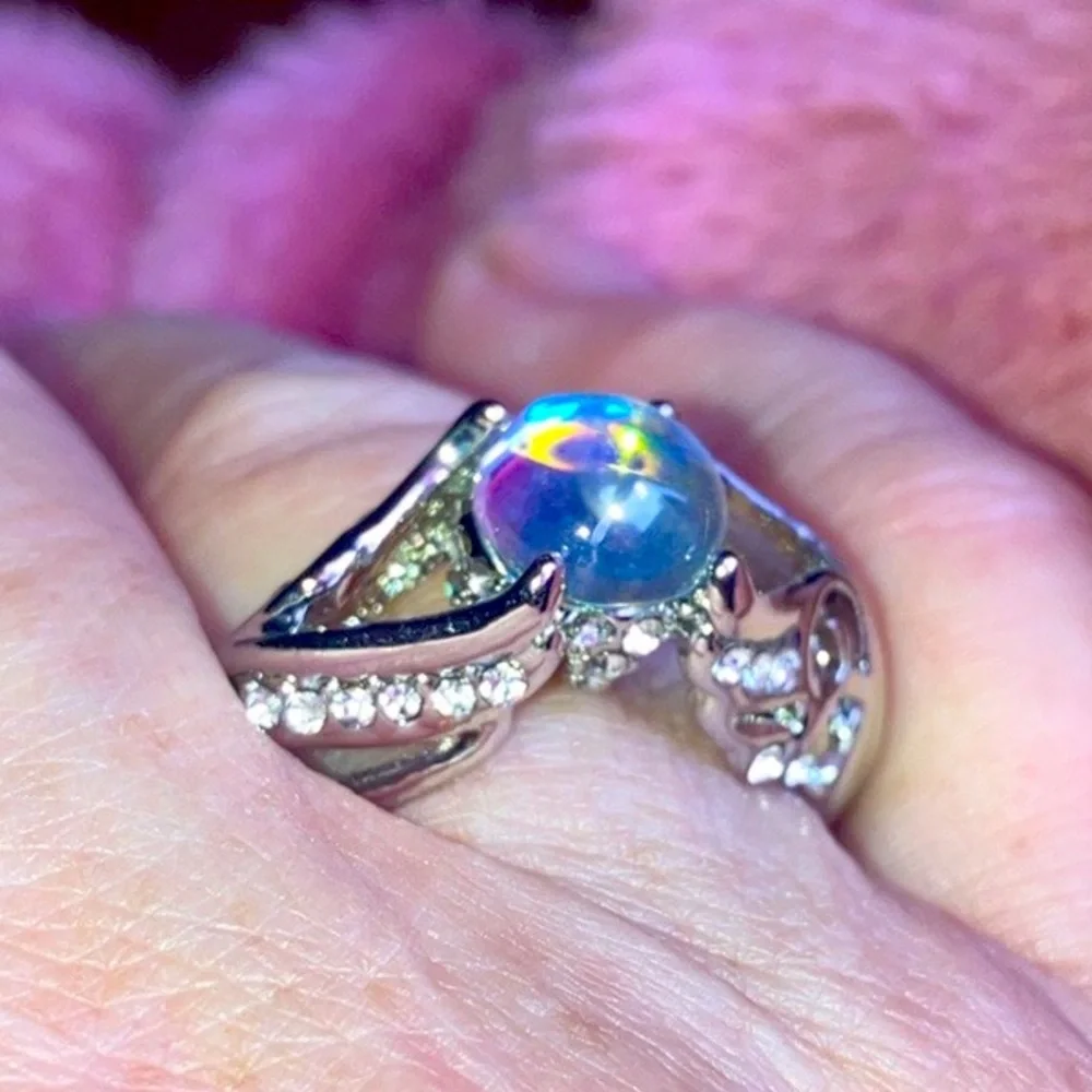 Elegant Silver Plated Elevated Blue Moonstone Ring Gemstone Ring Size 9
